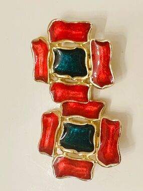 Vintage AVON Color Splash Gold, Red & Green Statement Clip Earrings